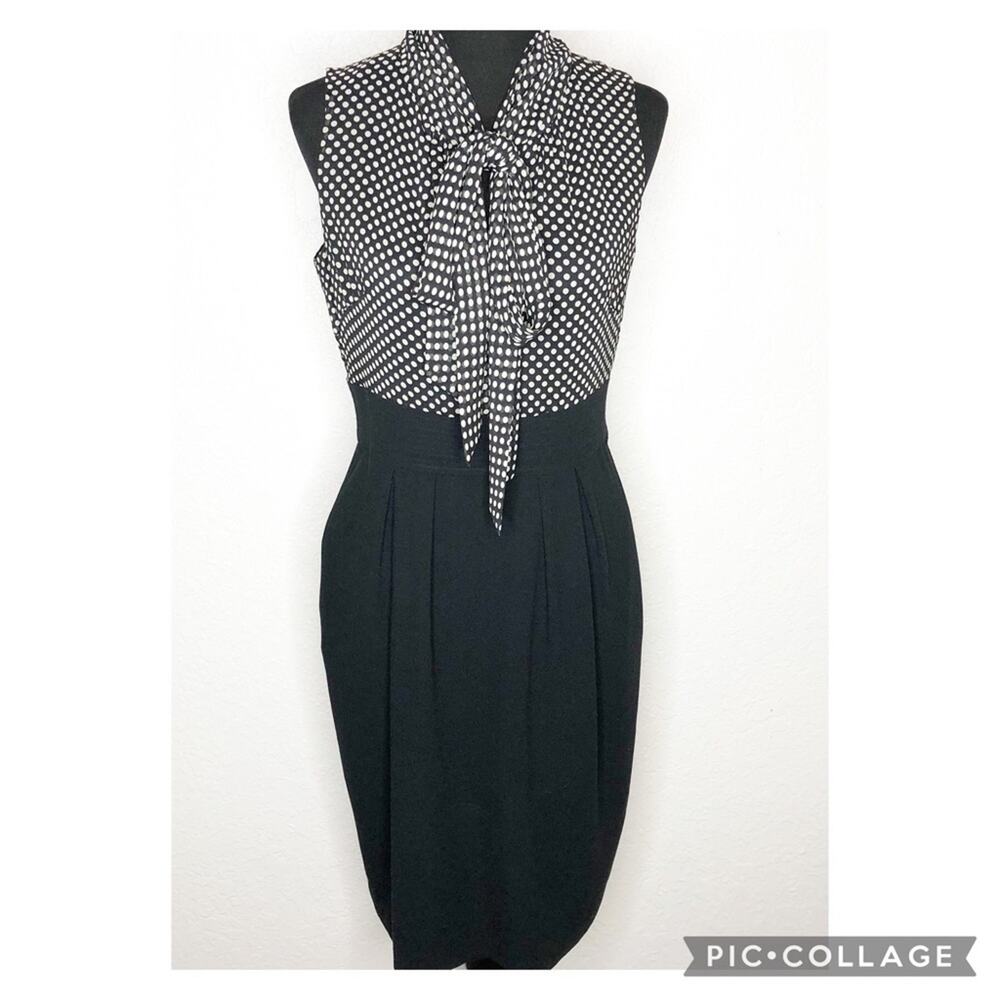 Eliza J black white polka dot neck tie front sleeveless sheath dress size 8